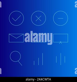 Una serie di icone di segni, sbagliato, corretto, busta e icona di ricerca su sfondo blu sfumato Illustrazione Vettoriale