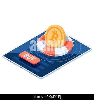 Bitcoin piatto 3D Isometrico con Lifebuoy galleggiante sullo schermo dello smartphone. Bitcoin come risorsa di Safe Haven quando Cryptocurrency Market Crash Concept. Illustrazione Vettoriale