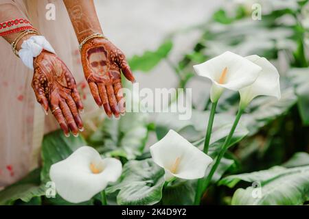 Mehndi - tatuaggio nubilare su mani femminili. mehndi è un'arte decorativa tradizionale indiana Foto Stock