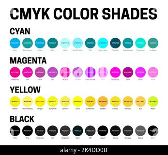 Illustrazione delle sfumature di colore CMYK con codici HTML esadecimali Illustrazione Vettoriale