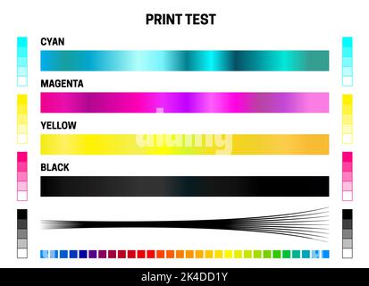 Prova di stampa: Illustrazione della calibrazione CMYK con prova colore per ciano, magenta, giallo, nero e molti colori Illustrazione Vettoriale