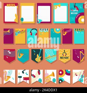 Set vettoriale di carte con strumenti musicali e accessori Illustrazione Vettoriale