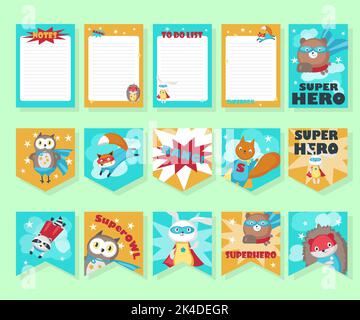 Set vettoriale di carte con simpatici animali supereroi Illustrazione Vettoriale