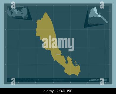 Semenawi Keih Bahri, regione dell'Eritrea. Forma a tinta unita. Località e nomi delle principali città della regione. Mappe delle posizioni ausiliarie degli angoli Foto Stock