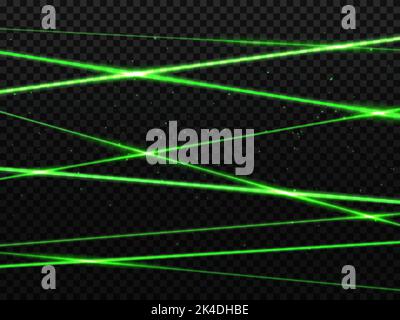 Luci a raggio laser verde, sfondo con linee di bagliore al neon in nero, effetto di flash vettoriale al buio. Fasci laser verdi incrociati e raggi luminosi, energia tecnologica scintilla e fasci luminosi su sfondo trasparente Illustrazione Vettoriale