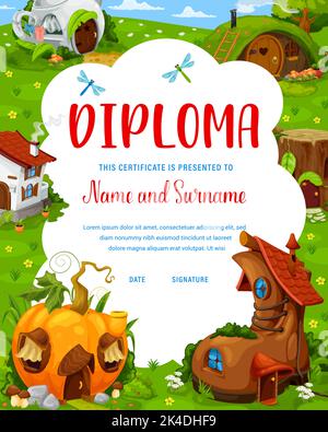 Diploma per bambini con vasetto fantasy e zucca, stivali e case o abitazioni. Cartoni animati edifici fiabeschi, studente di scuola o asilo certificato vettore con fata o nani case in foresta magica Illustrazione Vettoriale