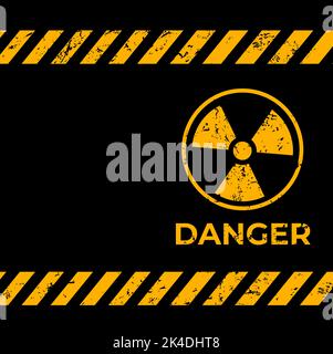 Sfondo grunge avviso radiazioni. Simbolo radioattivo vettoriale con texture grungy su sfondo nero con strisce gialle. Radiazioni nucleari, avvertenze sui rifiuti tossici, rischio biologico, attenzione all'energia atomica Illustrazione Vettoriale