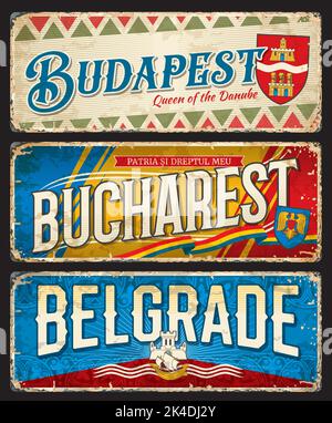 Budapest, Bucarest, Belgrado City Travel adesivi e targhe, cartellonistica vettoriale. Ungheria, Romania e Serbia capitali turismo banner, destinazione Europa orientale bagagli tag e adesivi Illustrazione Vettoriale