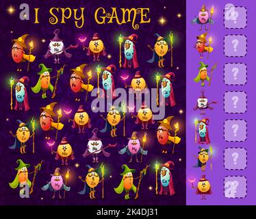 I spy game, mago micronutrients e personaggi mago, vettore trovare due stessi minerali quiz. Puzzle cartoon bambini o gioco indovinello per trovare e abbinare il calcio micronutriente, magnesio e sorbitore di potassio Illustrazione Vettoriale