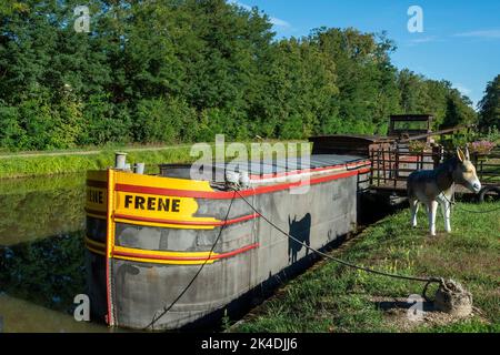 Audes-Reugny villaggio. Ex chiatta del museo Canal de Berry. Dipartimento Allier. Auvergne Rodano Alpi. Francia Foto Stock