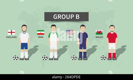 Qatar fifa World Cup torneo di calcio 2022 . 32 squadre palcoscenici di gruppo e personaggio dei cartoni animati con jersey e bandiere nazionali . Design piatto . Vettore . Illustrazione Vettoriale