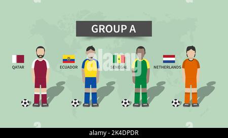 Qatar fifa World Cup torneo di calcio 2022 . 32 squadre palcoscenici di gruppo e personaggio dei cartoni animati con jersey e bandiere nazionali . Design piatto . Vettore . Illustrazione Vettoriale
