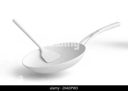 Padella con coperchio in vetro e turner solido in silicone su sfondo monocromatico. 3d render di utensili da cucina antiaderenti Foto Stock
