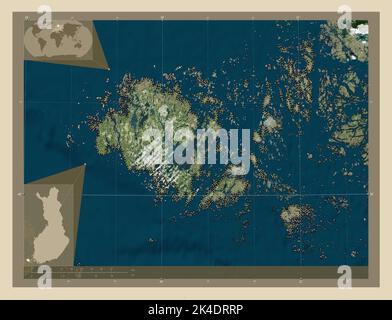 Aland, regione della Finlandia. Mappa satellitare ad alta risoluzione. Posizioni delle principali città della regione. Mappe delle posizioni ausiliarie degli angoli Foto Stock