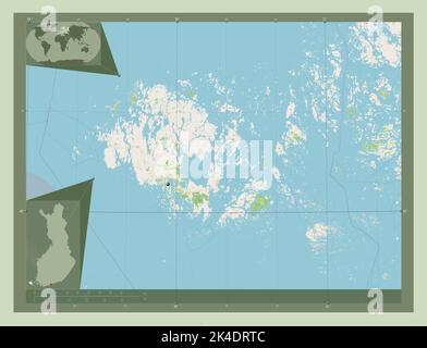 Aland, regione della Finlandia. Aprire la mappa stradale. Posizioni delle principali città della regione. Mappe delle posizioni ausiliarie degli angoli Foto Stock