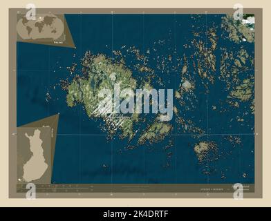 Aland, regione della Finlandia. Mappa satellitare ad alta risoluzione. Località e nomi delle principali città della regione. Mappe delle posizioni ausiliarie degli angoli Foto Stock