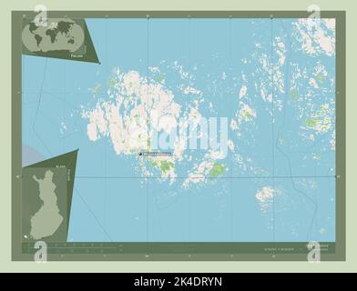 Aland, regione della Finlandia. Aprire la mappa stradale. Località e nomi delle principali città della regione. Mappe delle posizioni ausiliarie degli angoli Foto Stock