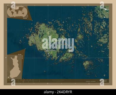 Aland, regione della Finlandia. Mappa satellitare a bassa risoluzione. Località e nomi delle principali città della regione. Mappe delle posizioni ausiliarie degli angoli Foto Stock