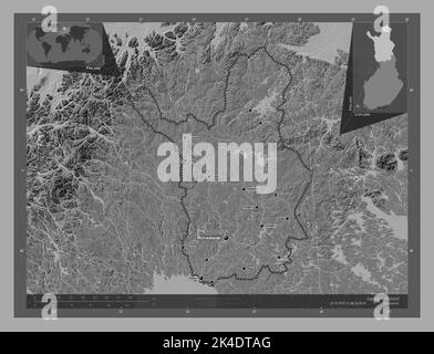 Lapponia, regione della Finlandia. Mappa altimetrica bilivello con laghi e fiumi. Località e nomi delle principali città della regione. Posizione ausiliaria ad angolo Foto Stock