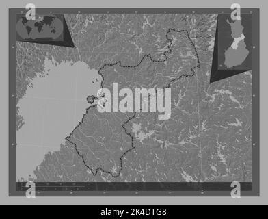 Ostrobothnia settentrionale, regione della Finlandia. Mappa altimetrica bilivello con laghi e fiumi. Mappe delle posizioni ausiliarie degli angoli Foto Stock