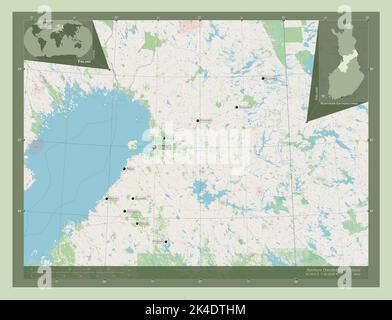 Ostrobothnia settentrionale, regione della Finlandia. Aprire la mappa stradale. Località e nomi delle principali città della regione. Mappe delle posizioni ausiliarie degli angoli Foto Stock