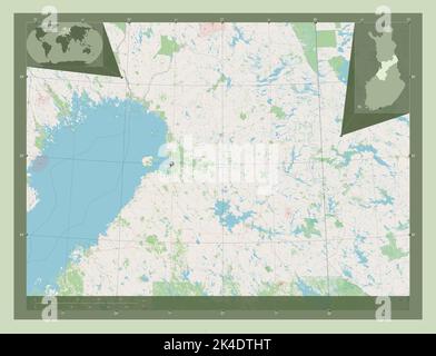 Ostrobothnia settentrionale, regione della Finlandia. Aprire la mappa stradale. Mappe delle posizioni ausiliarie degli angoli Foto Stock