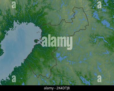 Ostrobothnia settentrionale, regione della Finlandia. Mappa di altitudine colorata con laghi e fiumi Foto Stock