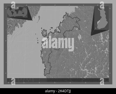 Ostrobothnia, regione della Finlandia. Mappa altimetrica bilivello con laghi e fiumi. Mappe delle posizioni ausiliarie degli angoli Foto Stock