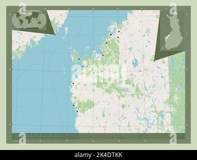 Ostrobothnia, regione della Finlandia. Aprire la mappa stradale. Posizioni delle principali città della regione. Mappe delle posizioni ausiliarie degli angoli Foto Stock