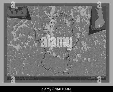 Paijanne Tavastia, regione della Finlandia. Mappa altimetrica bilivello con laghi e fiumi. Località e nomi delle principali città della regione. Angolo ausiliario Foto Stock
