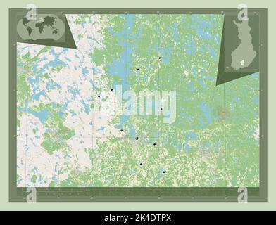 Paijanne Tavastia, regione della Finlandia. Aprire la mappa stradale. Posizioni delle principali città della regione. Mappe delle posizioni ausiliarie degli angoli Foto Stock