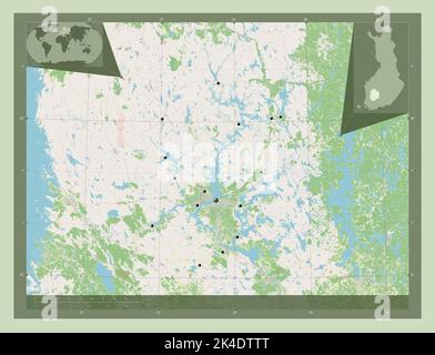 Pirkanmaa, regione della Finlandia. Aprire la mappa stradale. Posizioni delle principali città della regione. Mappe delle posizioni ausiliarie degli angoli Foto Stock