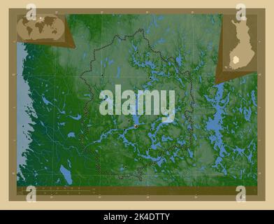 Pirkanmaa, regione della Finlandia. Mappa di altitudine colorata con laghi e fiumi. Posizioni delle principali città della regione. Mappe delle posizioni ausiliarie degli angoli Foto Stock
