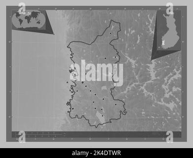 Satakunta, regione della Finlandia. Mappa in scala di grigi con laghi e fiumi. Posizioni delle principali città della regione. Mappe delle posizioni ausiliarie degli angoli Foto Stock