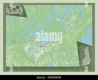 Carelia meridionale, regione della Finlandia. Aprire la mappa stradale. Località e nomi delle principali città della regione. Mappe delle posizioni ausiliarie degli angoli Foto Stock