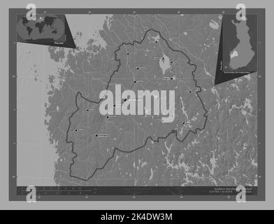 Ostrobothnia meridionale, regione della Finlandia. Mappa altimetrica bilivello con laghi e fiumi. Località e nomi delle principali città della regione. Angolo auxil Foto Stock