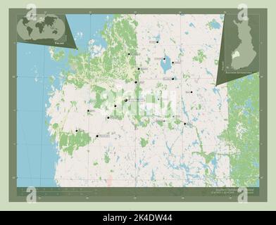 Ostrobothnia meridionale, regione della Finlandia. Aprire la mappa stradale. Località e nomi delle principali città della regione. Mappe delle posizioni ausiliarie degli angoli Foto Stock