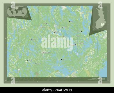 Savonia meridionale, regione della Finlandia. Aprire la mappa stradale. Località e nomi delle principali città della regione. Mappe delle posizioni ausiliarie degli angoli Foto Stock