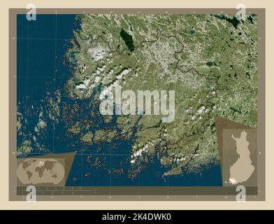 Finlandia sudoccidentale, regione della Finlandia. Mappa satellitare ad alta risoluzione. Mappe delle posizioni ausiliarie degli angoli Foto Stock