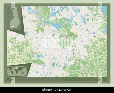 Tavastia propriamente detta, regione della Finlandia. Aprire la mappa stradale. Posizioni delle principali città della regione. Mappe delle posizioni ausiliarie degli angoli Foto Stock