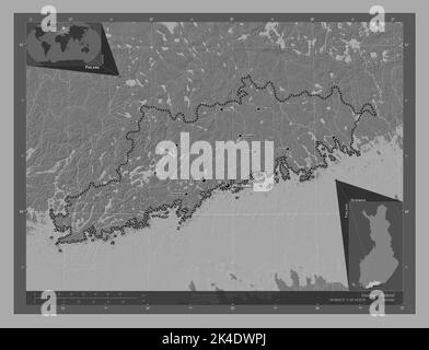 Uusimaa, regione della Finlandia. Mappa altimetrica bilivello con laghi e fiumi. Località e nomi delle principali città della regione. Posizione ausiliaria ad angolo Foto Stock