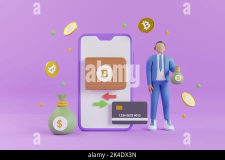 portafoglio bitcoin con monete e contanti isolati su sfondo viola. Scambiare Bitcoin su dispositivi mobili attraverso il sistema Cryptocurrency. Illustrazione prospettica Foto Stock