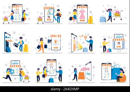 Concetto di shopping mobile con scene di persone piccole ambientate in un design piatto. Un pacchetto di uomini e donne sceglie e ordina le merci in app, paga online dallo smartphone Illustrazione Vettoriale
