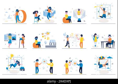 Concetto di realtà virtuale con scene di persone piccole ambientate in un design piatto. Un pacchetto di uomini e donne in occhiali VR che giocano a videogame nel cyberspazio, lavorando in Illustrazione Vettoriale