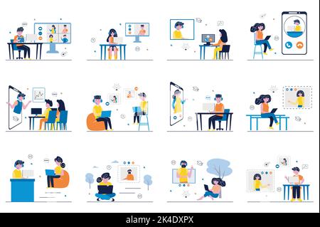Concetto di videoconferenza con scene di persone piccole ambientate in un design piatto. Pacchetto di uomini e donne che parlano con gli amici e discutono con i colleghi Illustrazione Vettoriale