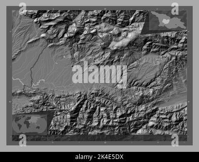 Imereti, regione della Georgia. Mappa altimetrica bilivello con laghi e fiumi. Mappe delle posizioni ausiliarie degli angoli Foto Stock