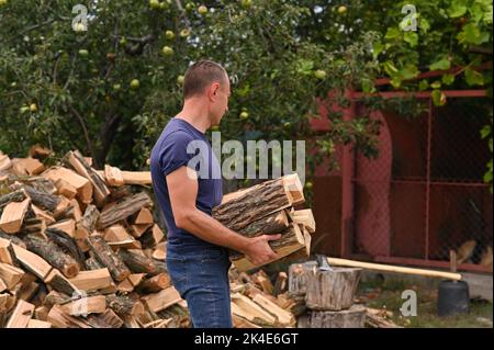 Un uomo porta la legna nelle sue mani. Foto Stock