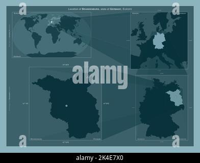 Brandeburgo, stato della Germania. Diagramma che mostra la posizione della regione su mappe in scala più grande. Composizione di fotogrammi vettoriali e forme PNG su un solido Foto Stock