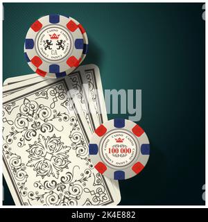 Carte da gioco indietro e chip gioco d'azzardo, casinò e simboli di gioco di poker, vettore Illustrazione Vettoriale