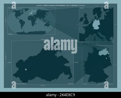 Meclemburgo-Pomerania anteriore, Stato della Germania. Diagramma che mostra la posizione della regione su mappe in scala più grande. Composizione di fotogrammi vettoriali e forme PNG Foto Stock